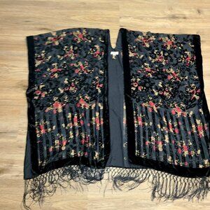 World Market OS Burnout Velvet Floral Fringe Poncho Wrap Boho Tunic Kimono